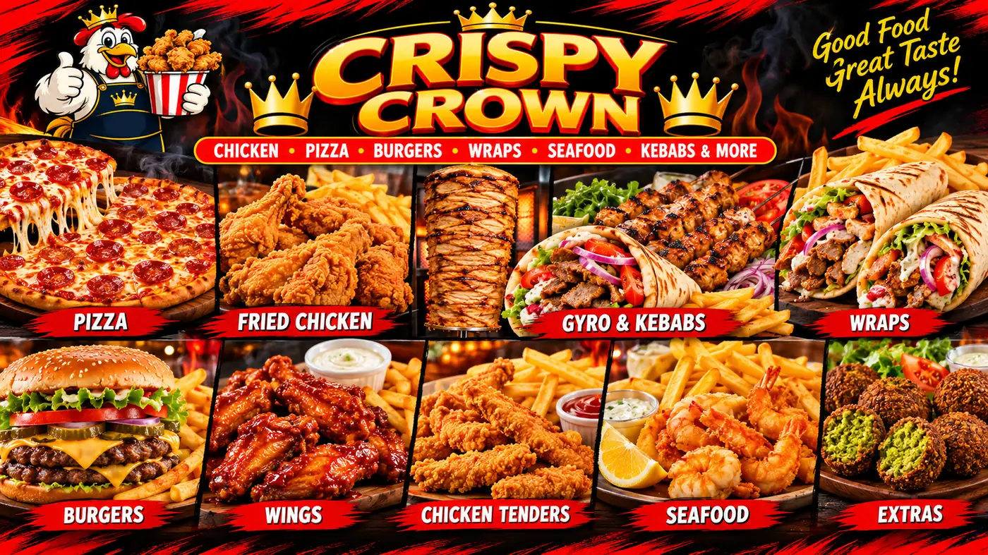 Crispy Crown menu highlights: pizza, fried chicken, gyro and kebabs, wraps, burgers, wings, chicken tenders, seafood and falafel