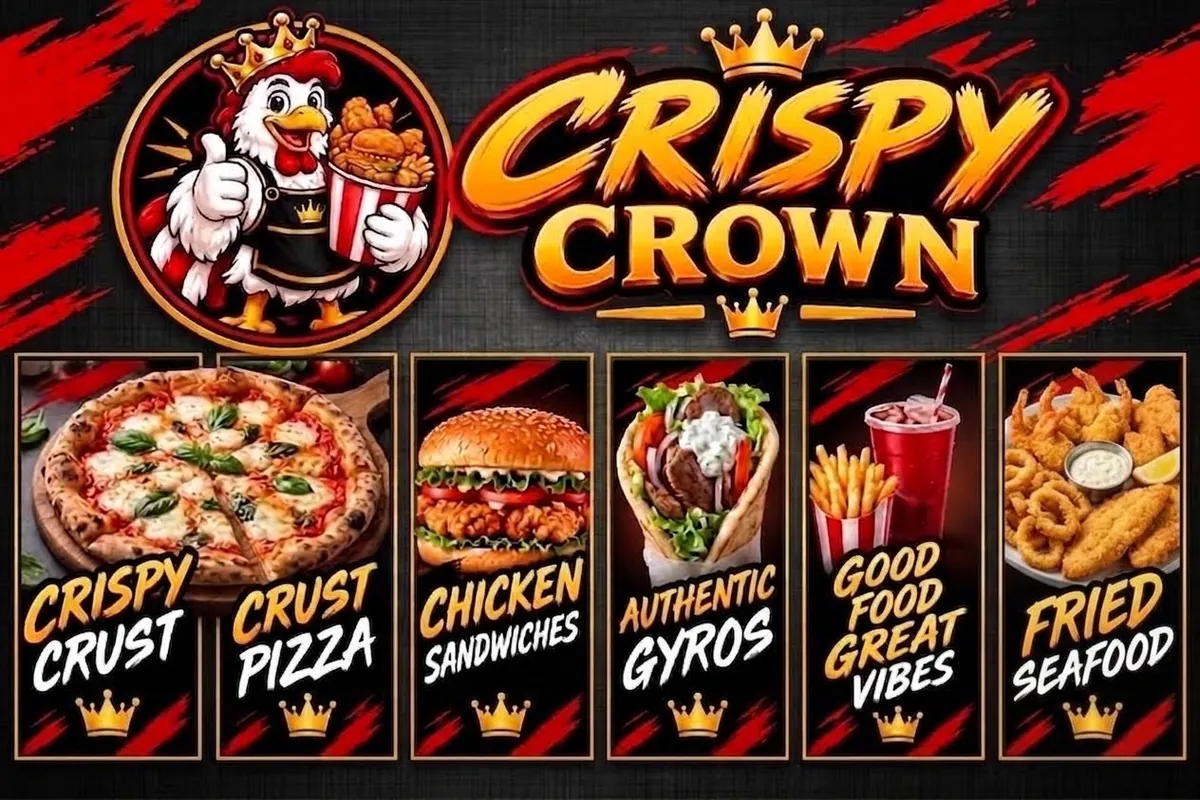 Crispy Crown banner showing pizza, a chicken sandwich, a gyro, fries with a drink and fried seafood with the slogan Good Food, Great Vibes